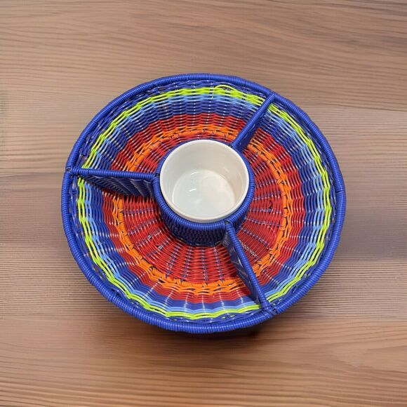 Outdoor Chip and Dip Set Woven Rainbow Coated Multicolor Basket White Ceramic - Picture 1 of 4